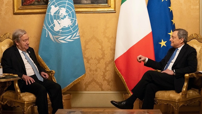 Italian Prime Minister Mario Draghi and UN Secretary General Antonio Guterres during their meeting at the Chigi palace in Rome on 29 October 2021.