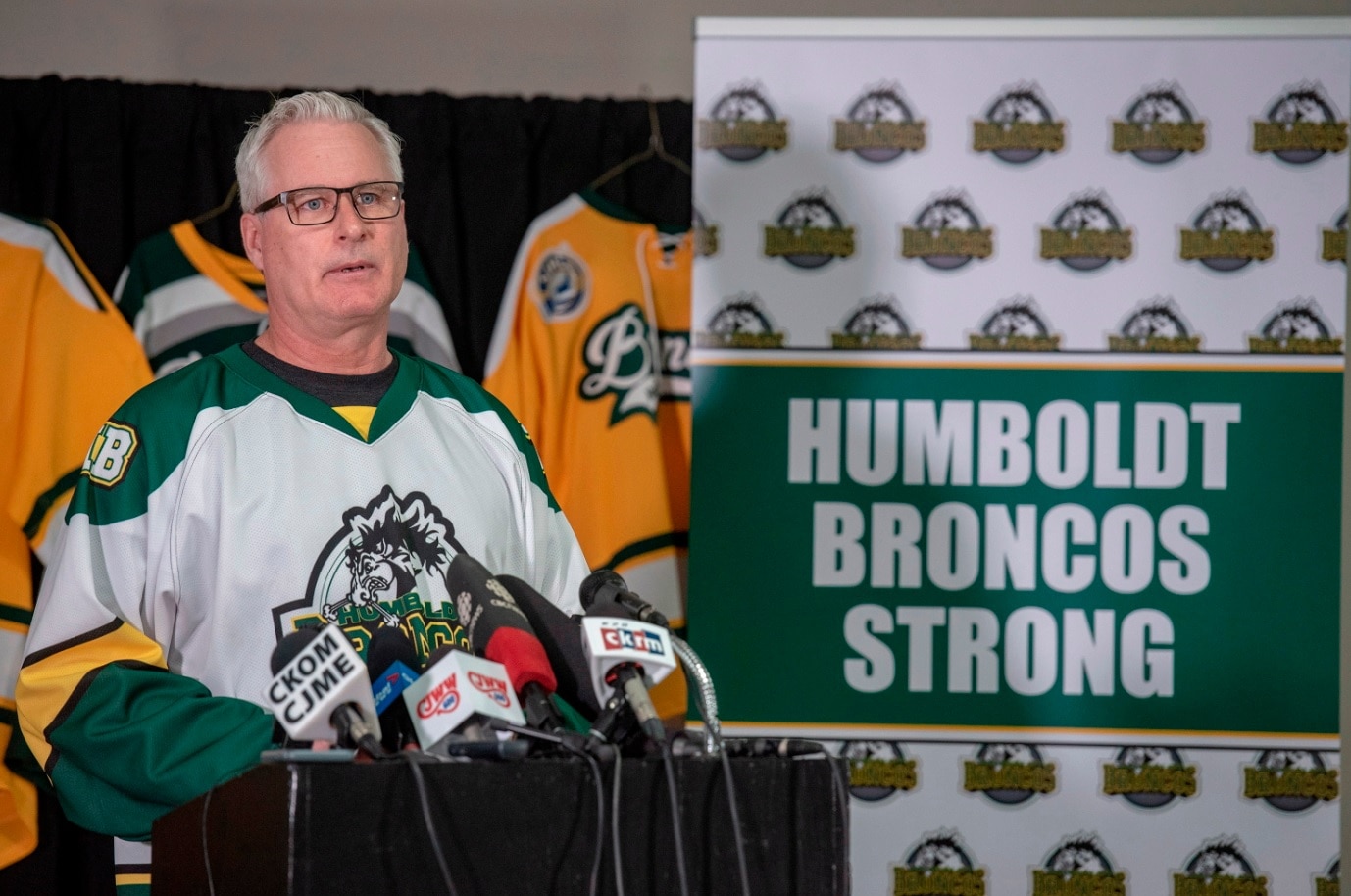 Rob Muench, Mayor of Humboldt, speaks during a press conference at the Elgar Petersen Arena in Humboldt, Saskatchewan, on Saturday, April 7, 2018. 