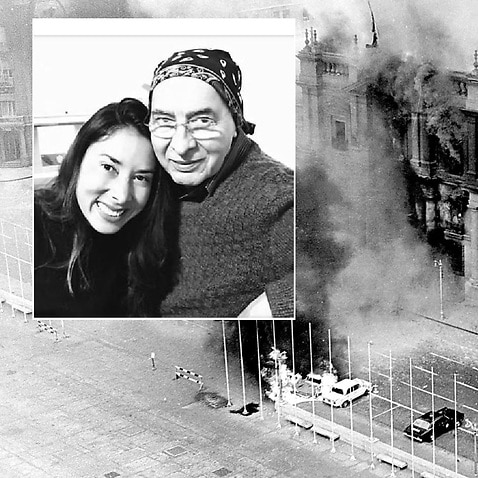 Combo image: Hugo Alvarez and his daughter (inset) and smoke pouring from the Chilean presidential palace, La Moneda, in this Sept. 11, 1973 file photo