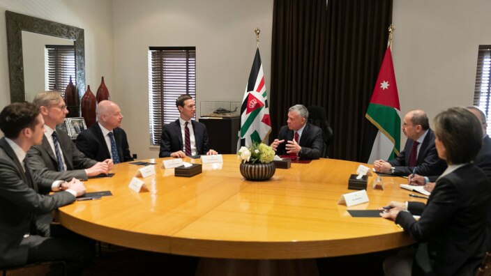 Presidential advisers Jared Kushner, center left, and Jason Greenblatt, third left, meet with Jordan's King Abdullah II, center right, and his advisers
