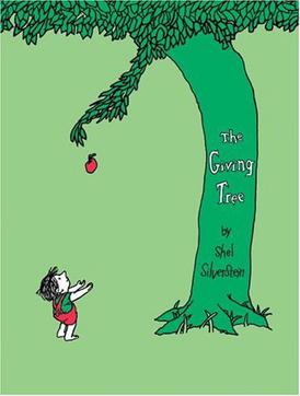 The book cover, depicting Shel Silverstein's 'The Giving Tree' offering an apple to the Boy. 