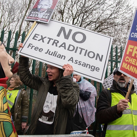Supporters of Julian Assange outside Belmarsh Magistrates' Court in Woolwich, London, UK