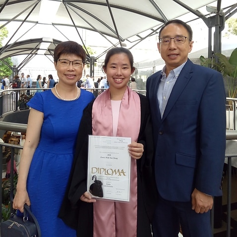 Eunice Cheng received a Licentiate in Music, Australia (LMusA) Award with Distinction in Violin Performance. (with parents, Dora and Joseph)