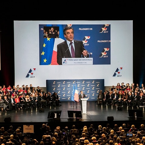 Former French Prime Minister Francois Fillon delivers a speech during his last rally before the first round of the French right wing party 'Les Republicains'.