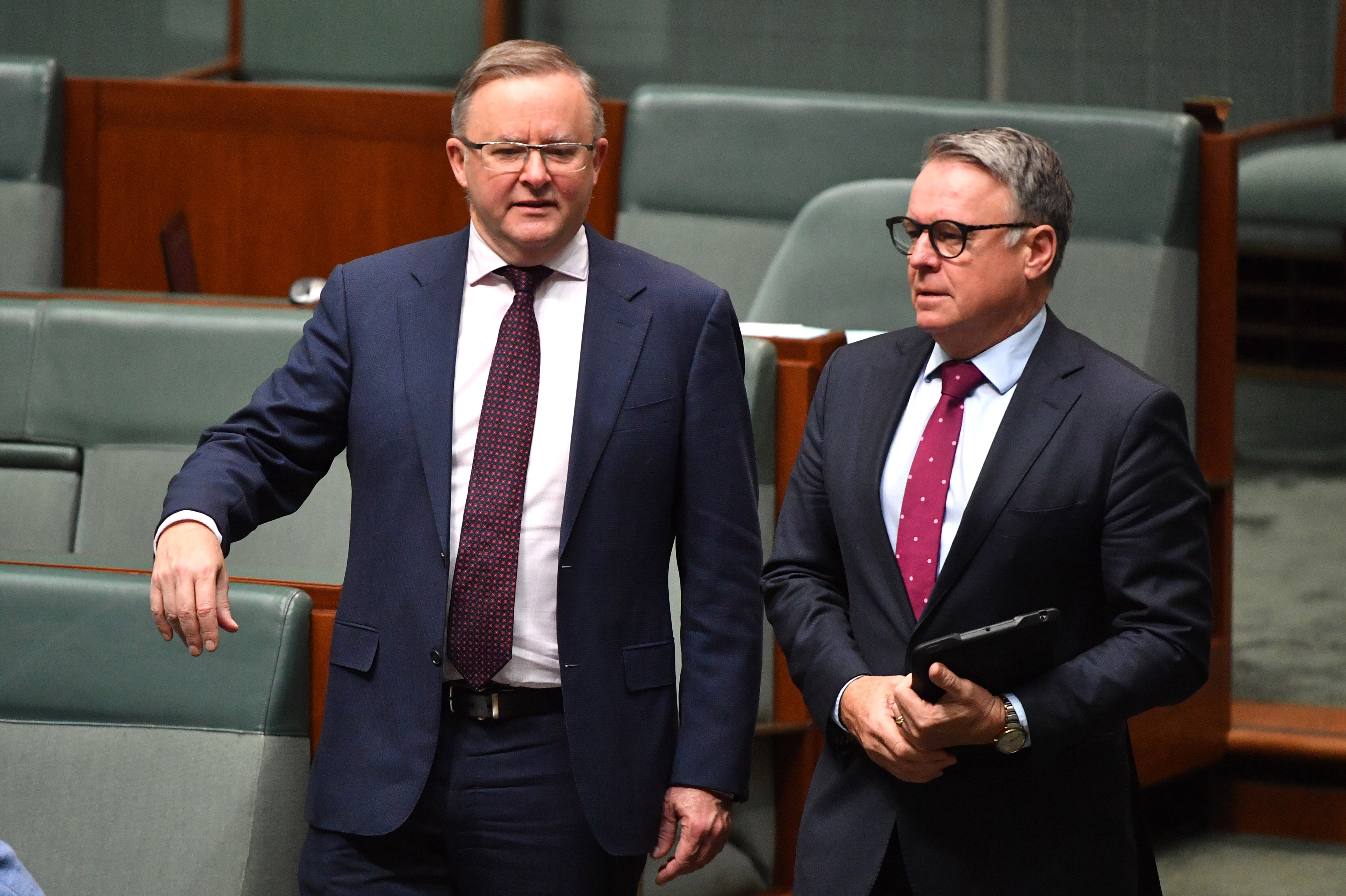 Opposition leader Anthony Albanese and former Shadow Minister for Agriculture Joel Fitzgibbon in the House of Representatives at Parliament House in Canberra.