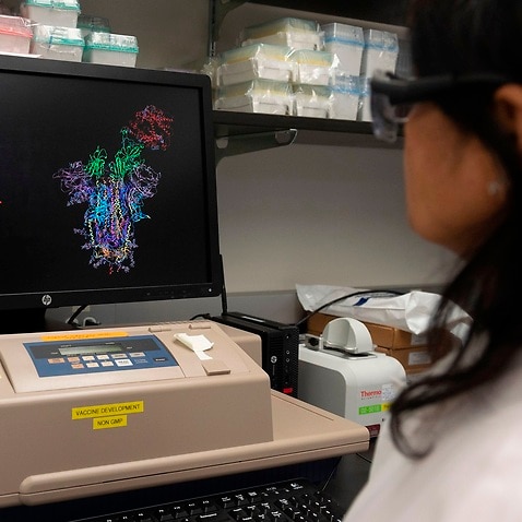 Dr Nita Patel looks at a computer model showing the protein structure of a potential COVID-19 vaccine at Novavax labs in Maryland