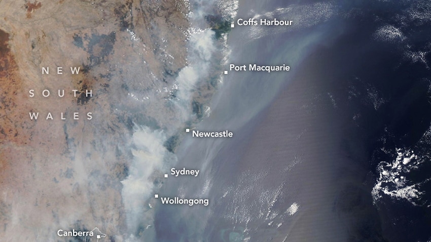 A satellite image showing fires burning across New South Wales, Australia.
