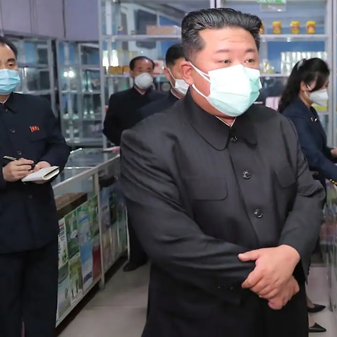 North Korean leader Kim Jong-un inspecting a pharmacy in Pyongyang, North Korea, on 15 May 2022.