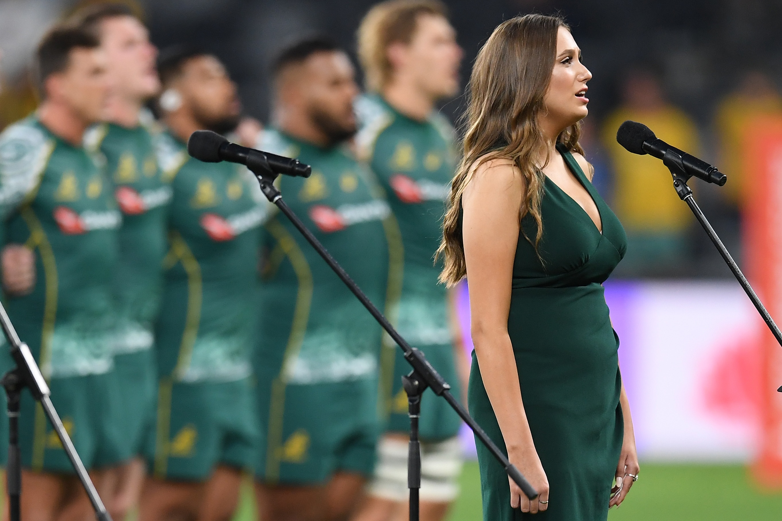 Olivia Fox sings Australia's national anthem in the Eora language during the Tri Nations rugby match between Australia and Argentina.