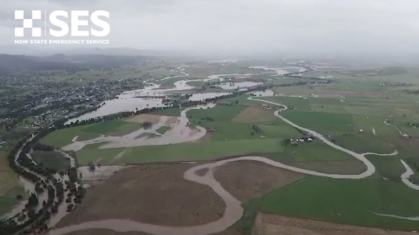 A supplied screengrab shows the flooded Hunter River in Muswellbrook, in the Upper Hunter Region of NSW, Saturday, 27 November, 2021.