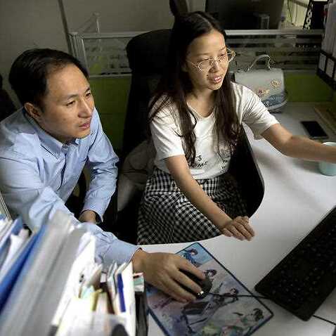 He Jiankui, left, and Zhou Xiaoqin work a computer at a laboratory in Shenzhen in southern China's Guangdong province