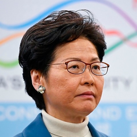 Hong Kong's Chief Executive Carrie Lam attends a press conference in Beijing on Monday.