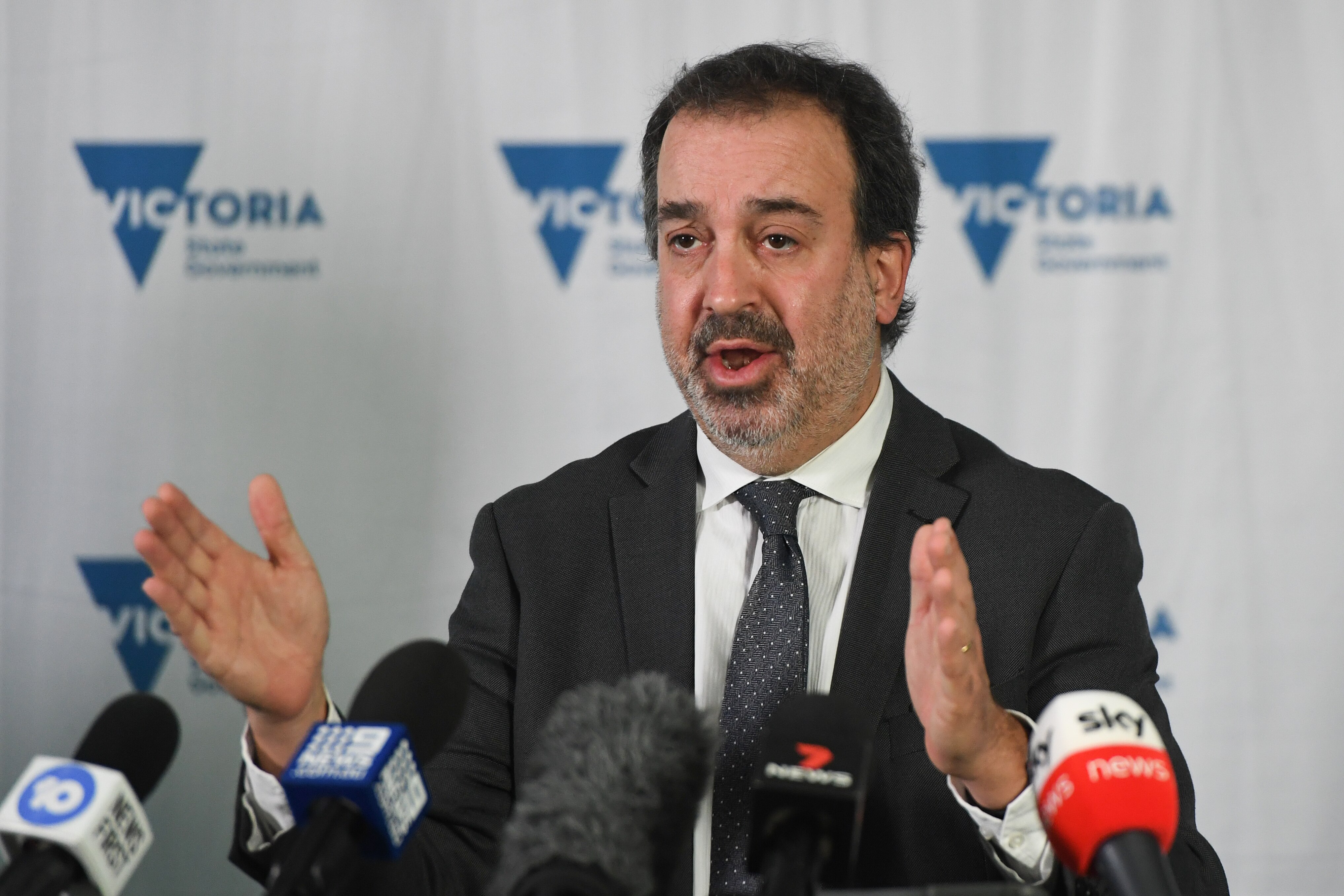 Victorian Minister for Industry Support and Recovery Martin Pakula speaks to the media during a press conference in Melbourne, Thursday, August 12, 2021. (AAP Image/Erik Anderon) NO ARCHIVING
