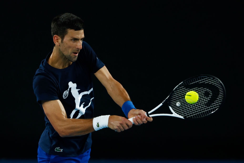 Novak Djokovic plays a backhand during a practice session ahead of the 2022 Australian Open at Melbourne Park on 14 January 2022.