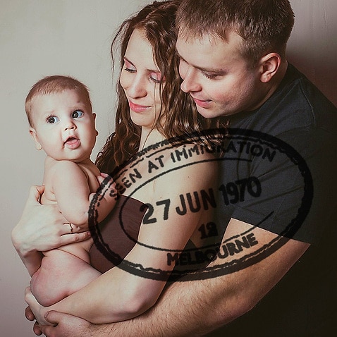 Image of a family with an Australian immigration stamp on top
