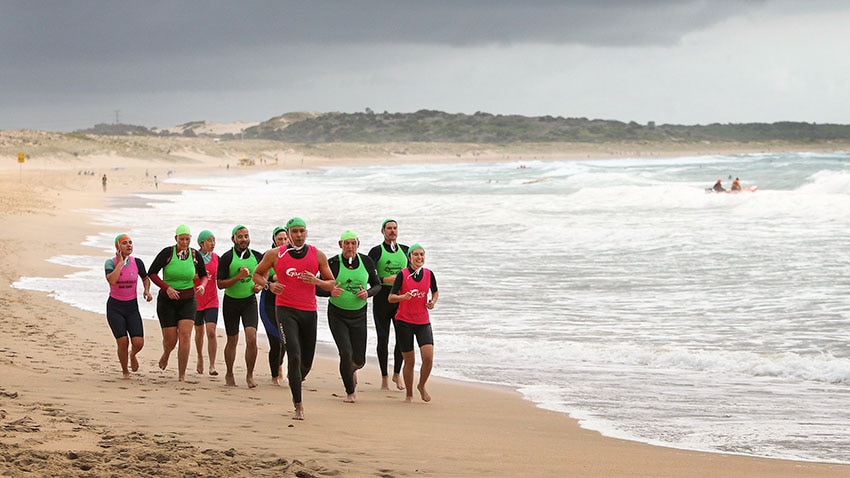 The Garie Vanguard Surf Life Saving members take part in a training session at Elouera Beach 