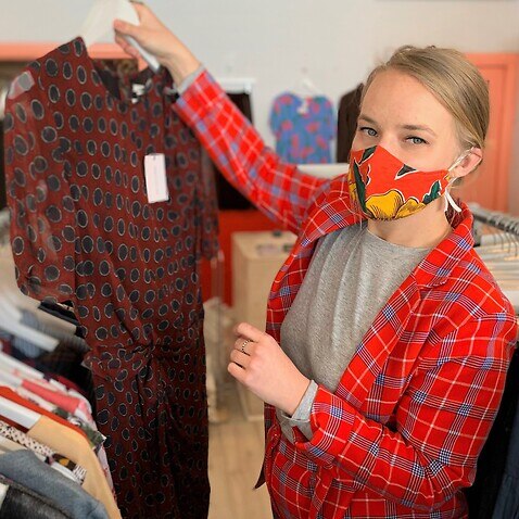 Kirsta Hawkins with her secondhand clothing in Melbourne.