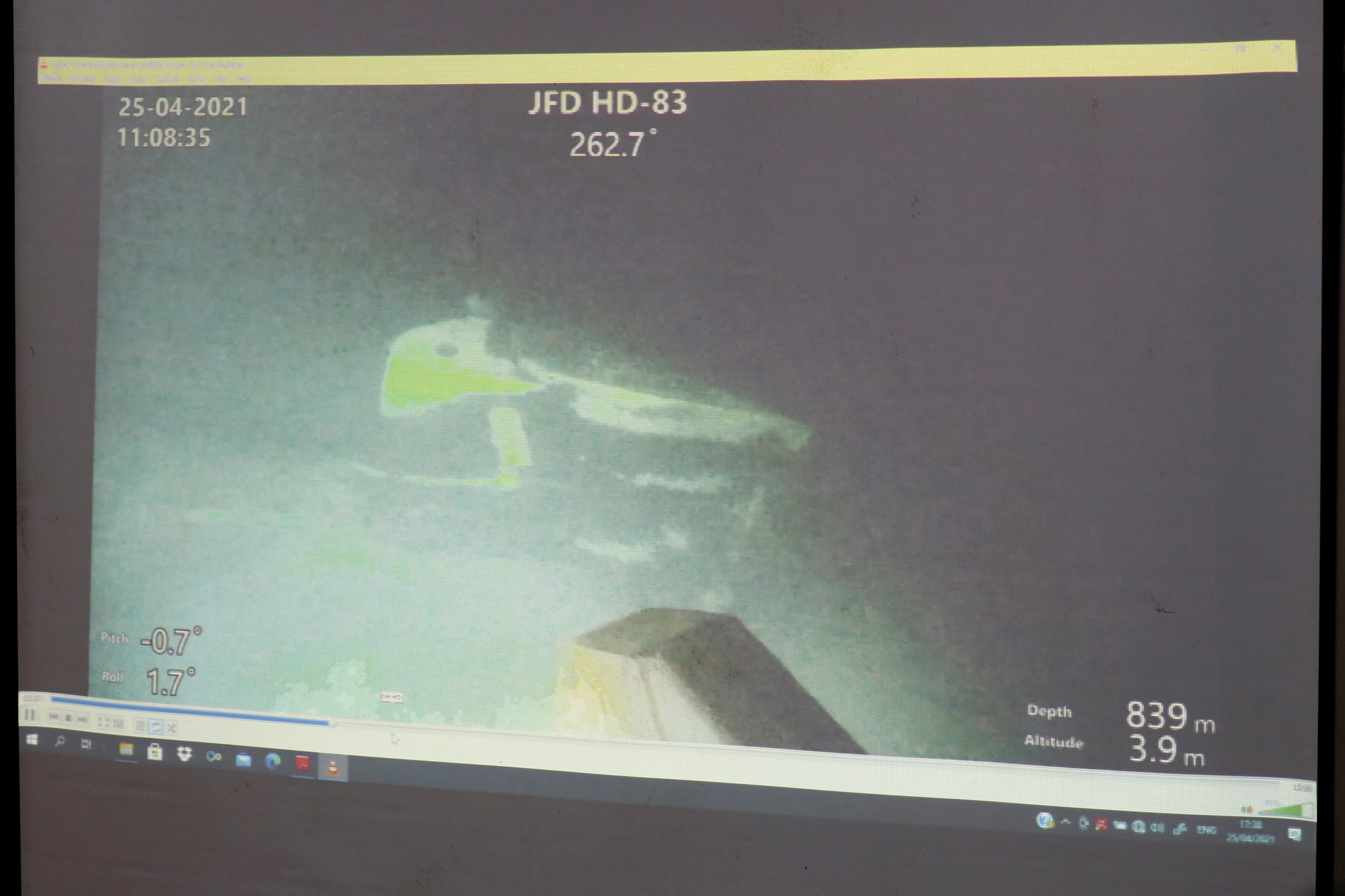 The military shows a video of the sunk Indonesian Navy submarine KRI Nanggala during a press conference in Bali, Indonesia, on 25 April.