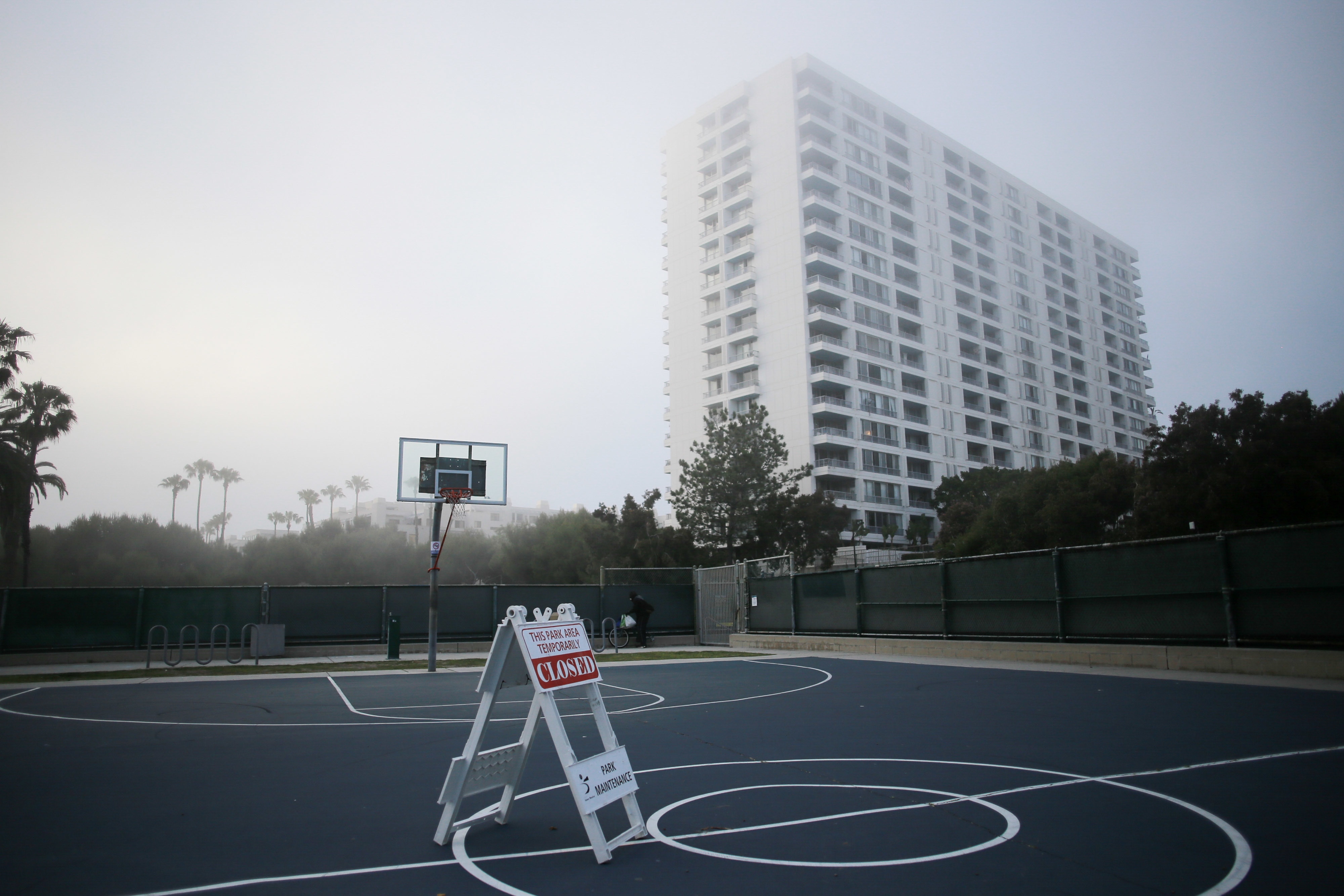 A deserted basketball court due to lockdown measures.