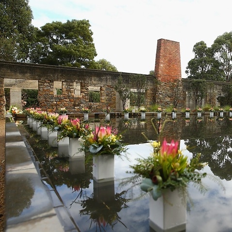 Floral tributes in the Memorial Pool in 2016 in Port Arthur, Tasmania