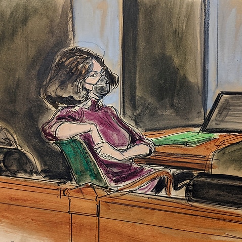 In this courtroom sketch, Ghislaine Maxwell sits during her sex trafficking trial, Dec. 29, 2021, in New York. 
