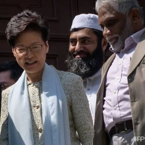 Hong Kong's Chief Executive Carrie Lam exits the Kowloon Mosque on Oct 21, 2019.