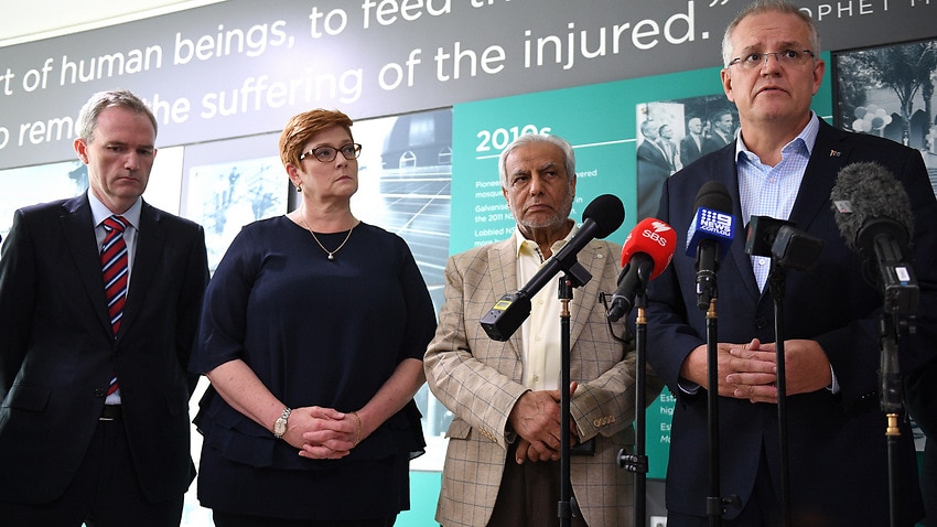 Scott Morrison with (L-R) Immigration Minister David Coleman, Foreign Minister Marise Payne and Grand Mufti of Australia Ibrahim Abu Mohamad on 16 March.