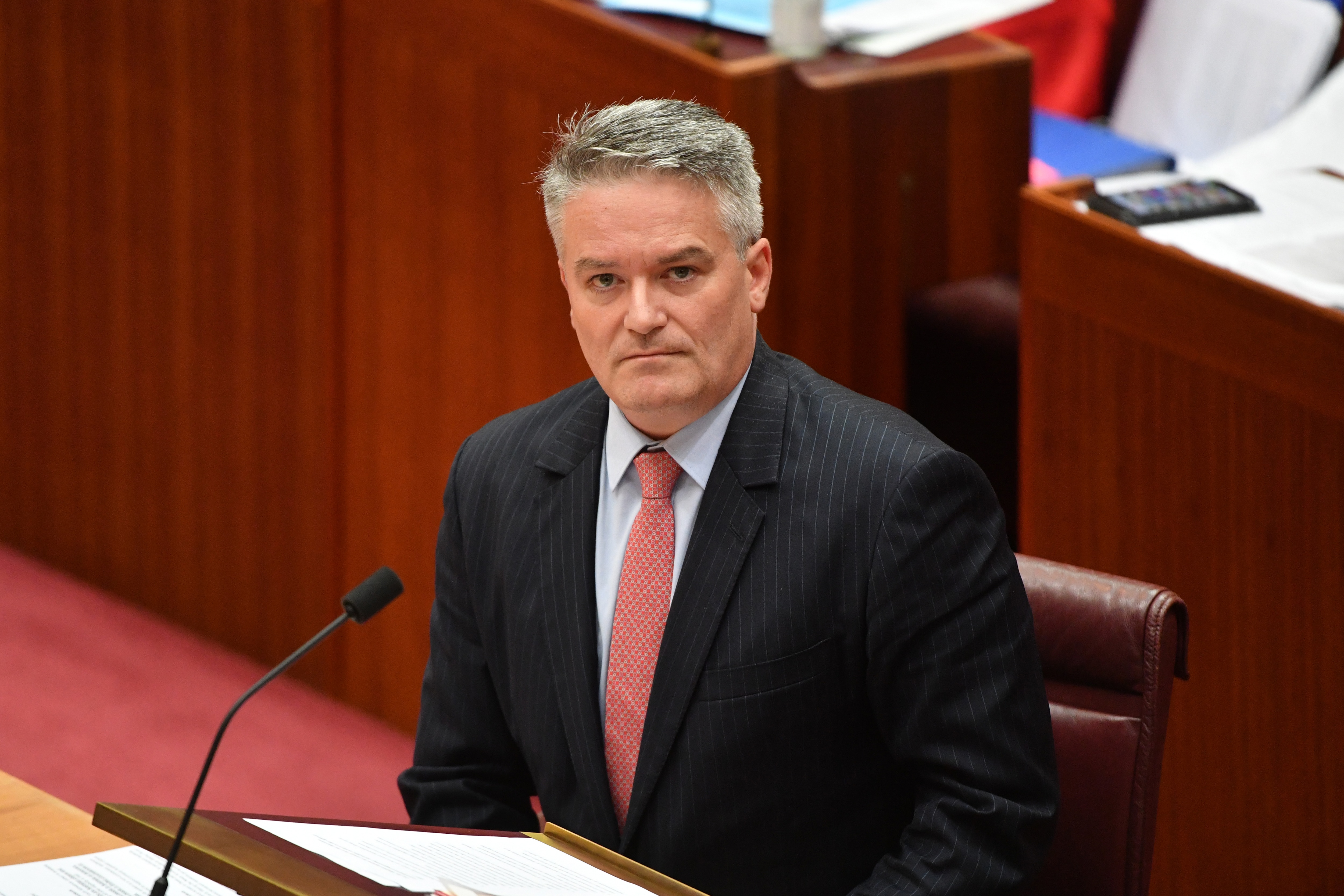 Minister for Finance Mathias Cormann during Question Time in the Senate Chamber at Parliament.