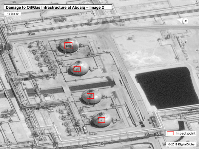 One of the US government's satellite images showing damage to the Abqaiq oil field in eastern Saudia Arabia. 