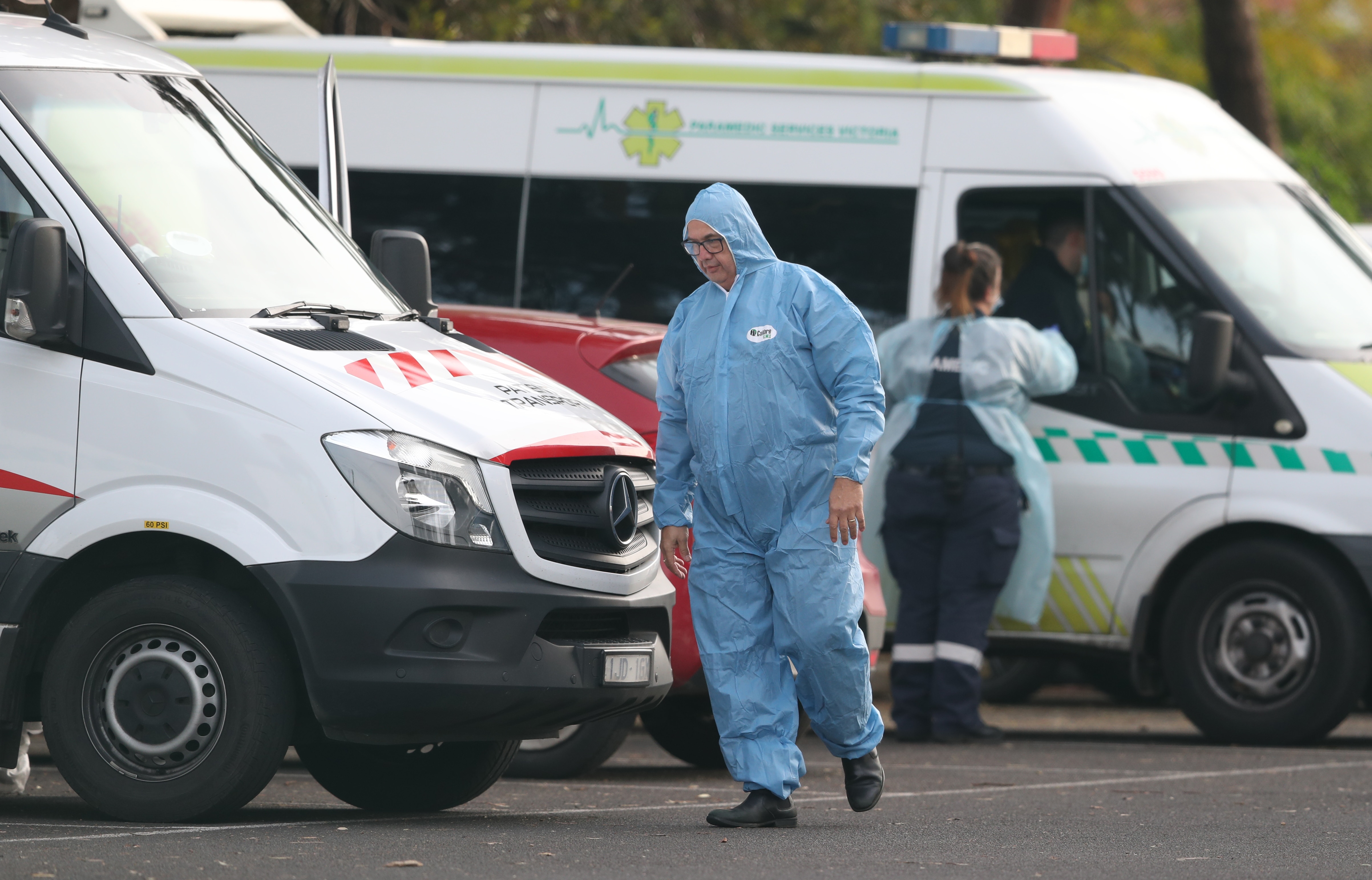 Medical staff outside St Basil’s Home for the Aged Care in Fawkner, which has had an outbreak of COVID-19, Melbourne, Saturday, July 25, 2020.