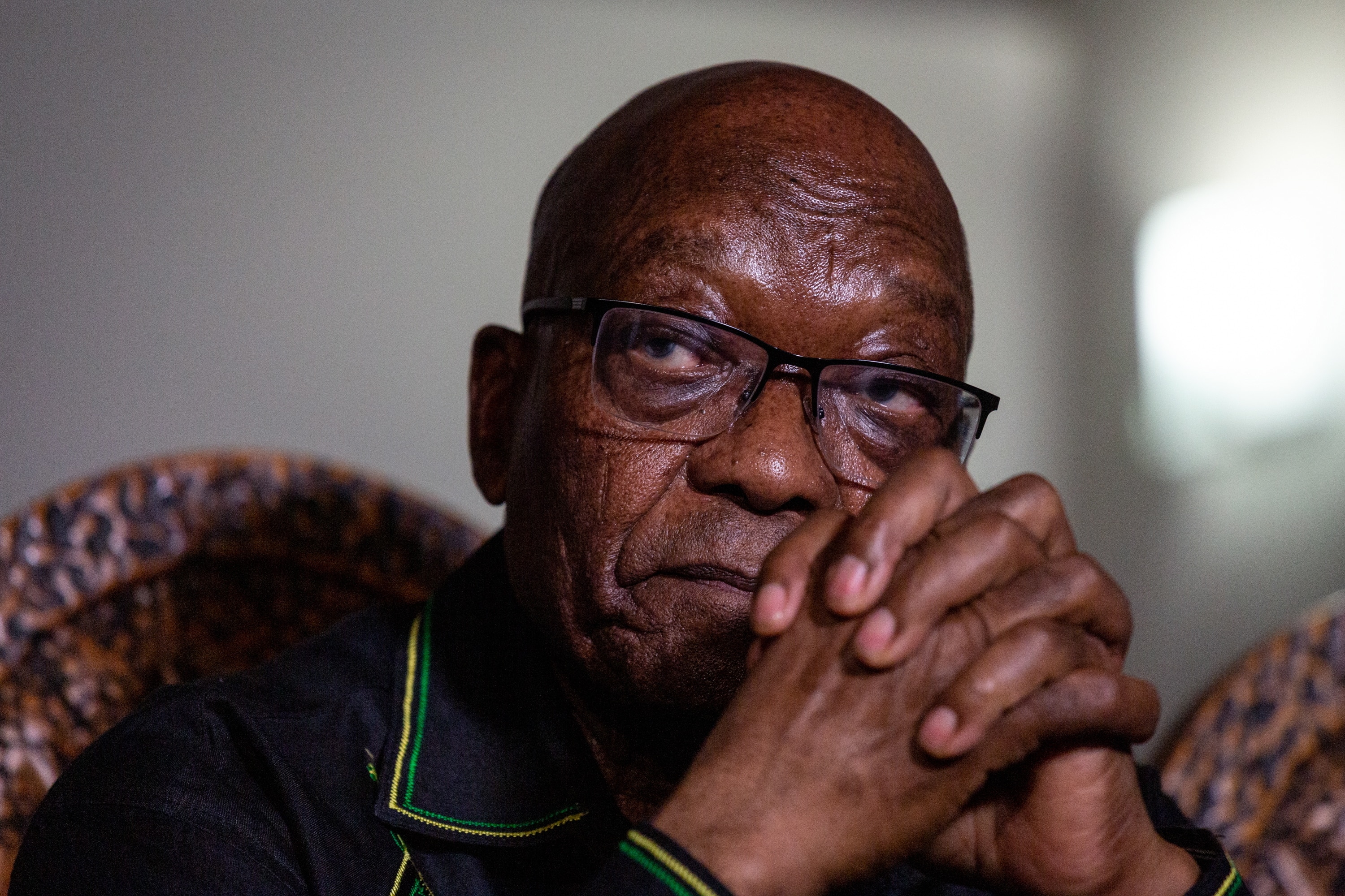 epa09330731 (FILE) - Former South African President Jacob Zuma speaks during a press conference in Nkandla, Kwa-Zulu Natal, South Africa, 04 July 2021 (reissued 08 July 2021). Zuma has handed himself in to police overnight and will be serving his first da