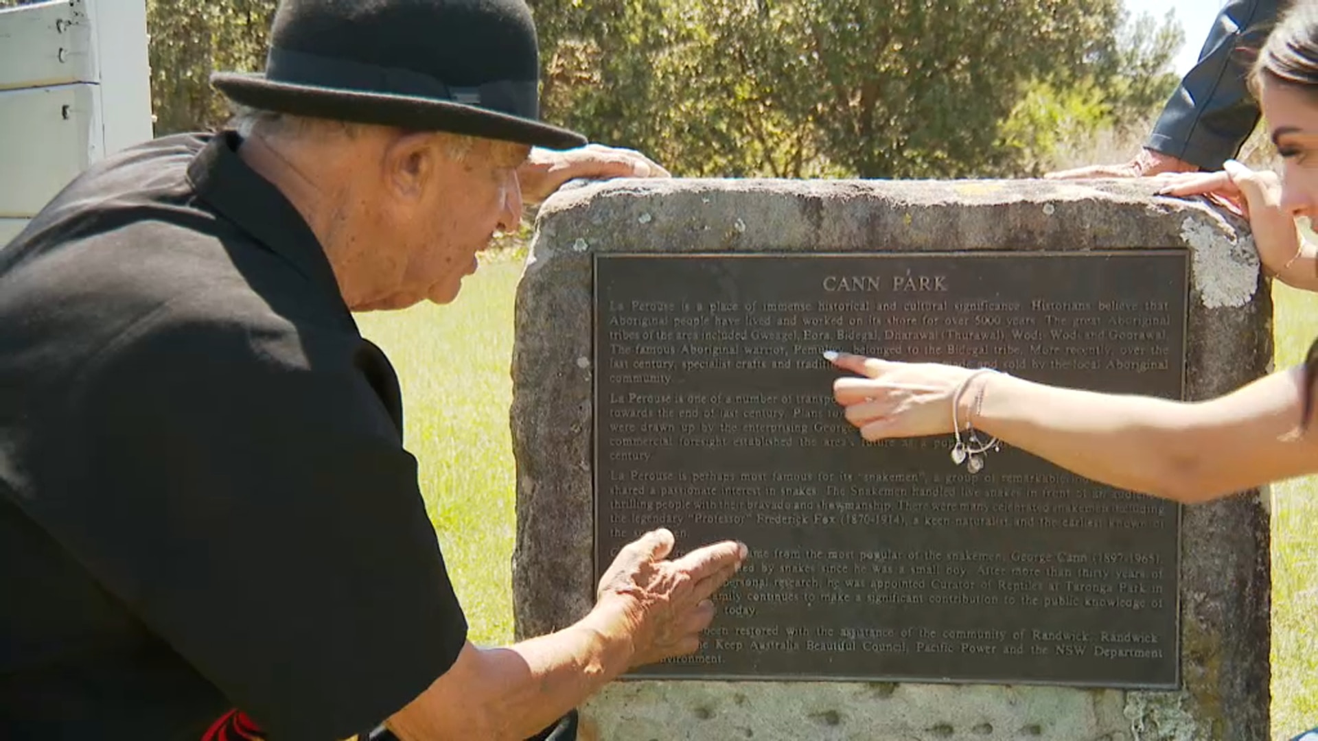 Uncle Vic Simms with the only plaque for Pemulwuy on public land in Australia.