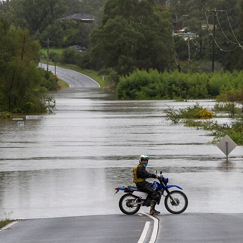 A motorcyclist progress is blocked by a flooded road at Old Pitt Town, north west of Sydney.