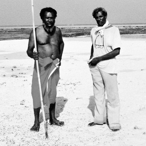 Eddie Mabo (left) and Jack Wailu at home on the island of Mer in the Torres Strait Islands in 1990