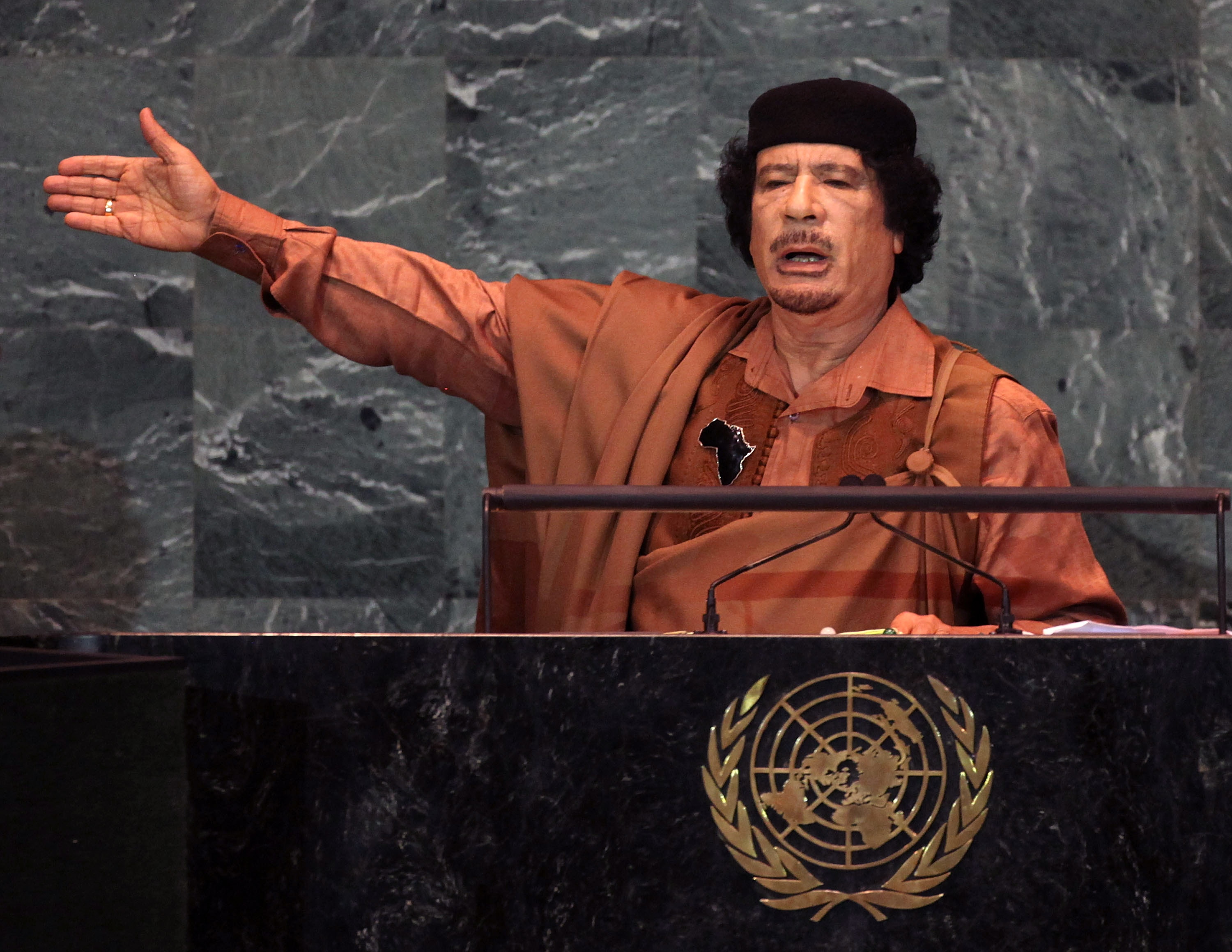 Libyan leader Muammar Gaddafi delivers an address to the United Nations General Assembly at U.N. headquarters September 23, 2009 in New York City. 