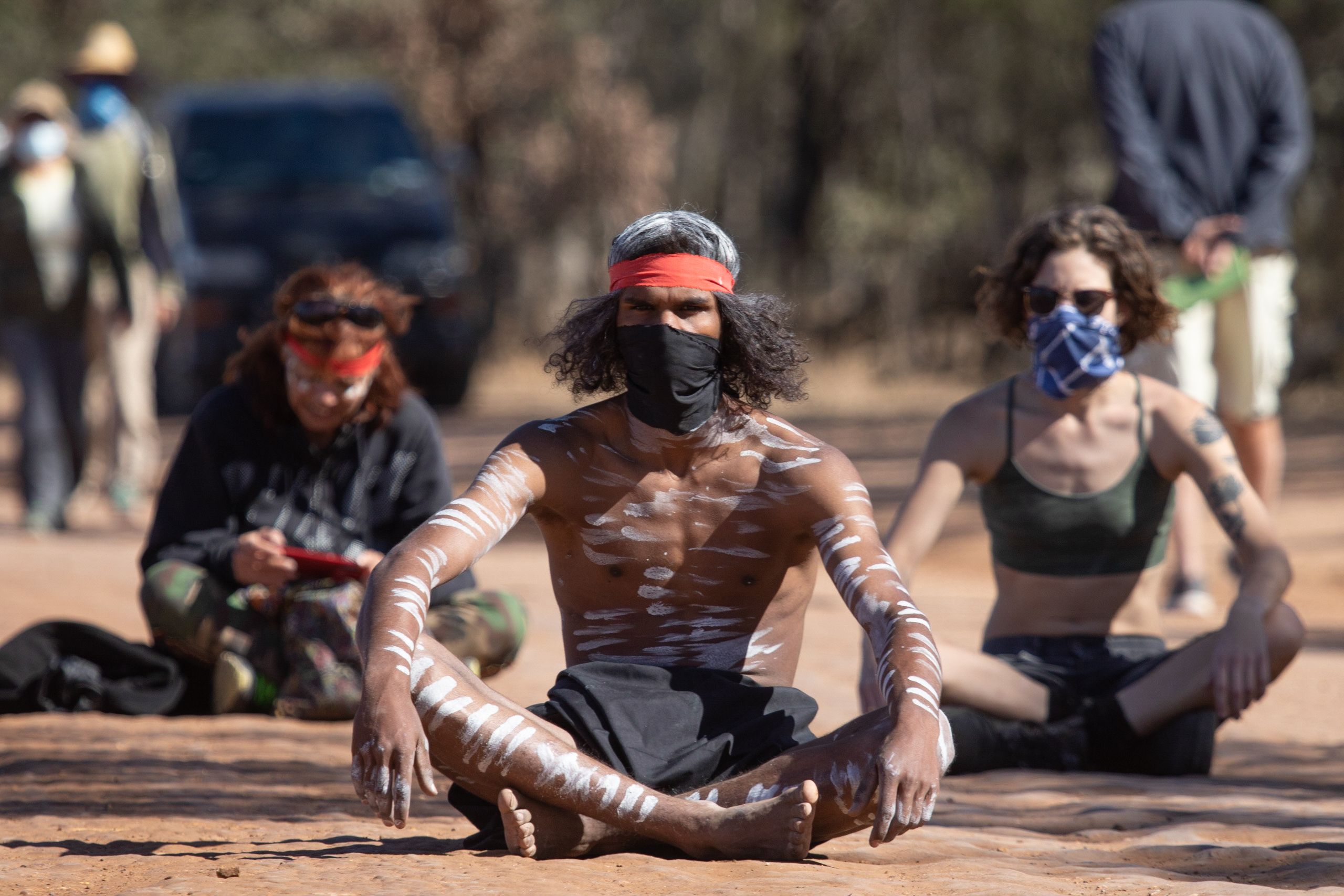 Protesters block the main road to the Adani site in the Galilee Basin. 