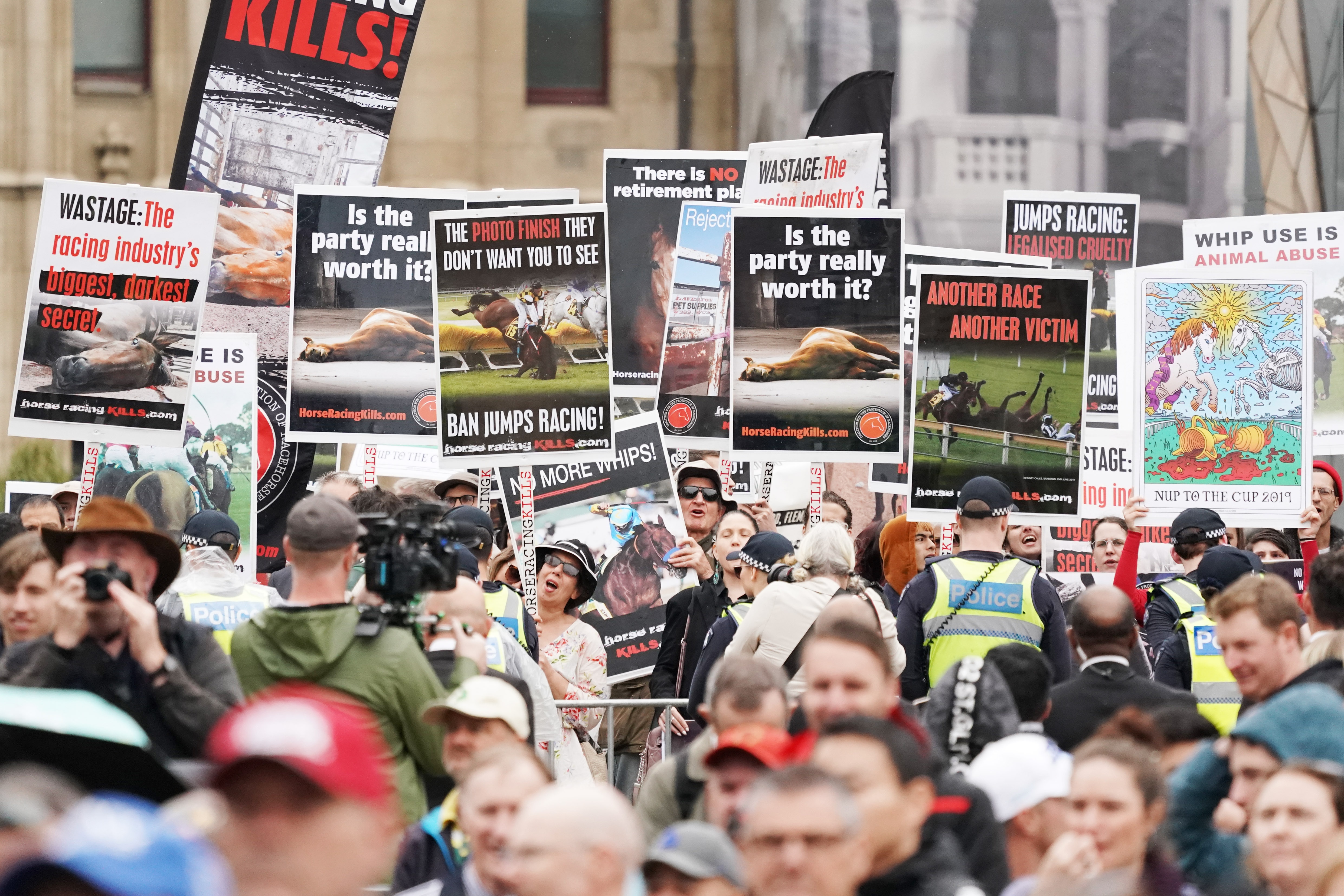 Protesters during the Melbourne Cup Parade.