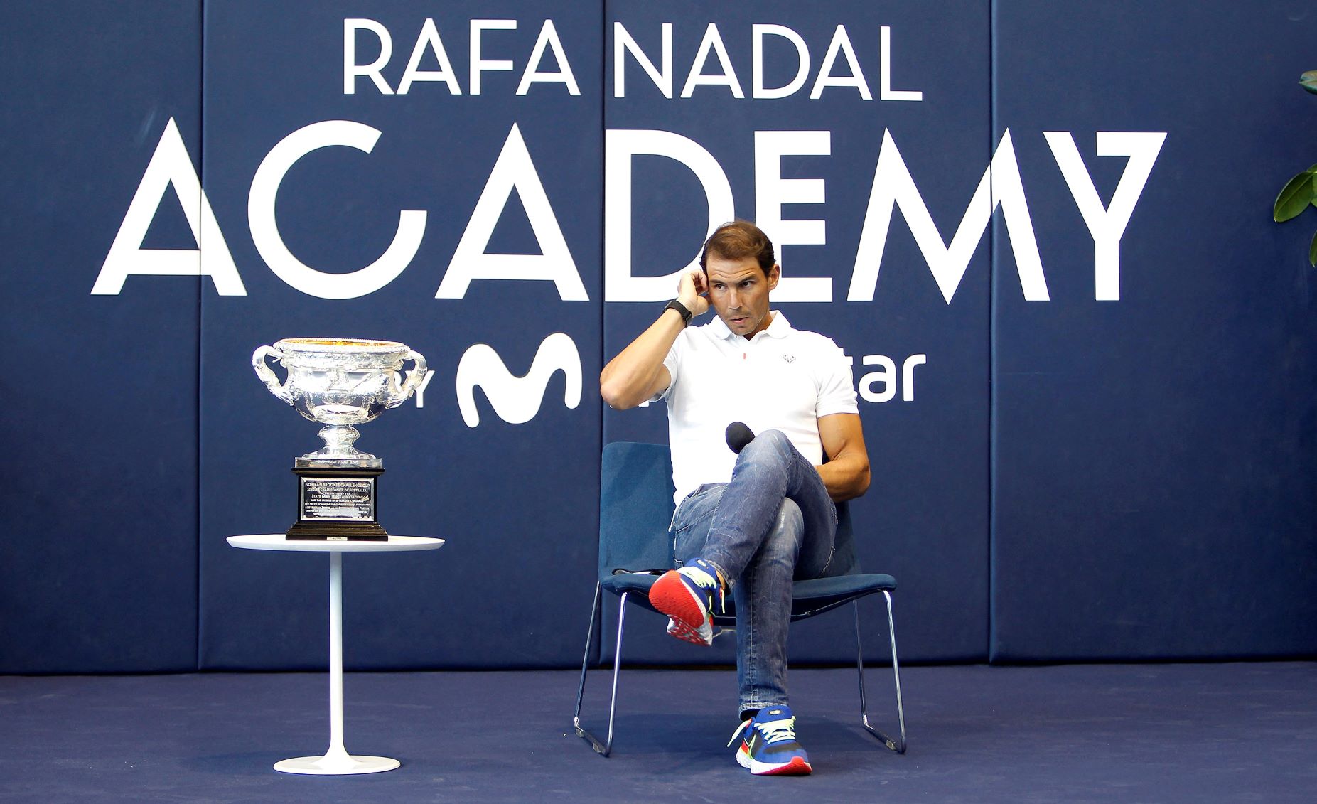 Rafael Nadal at a press conference after arriving in Spain from Australia, at the Rafa Nadal Academy by Movistar in Manacor
