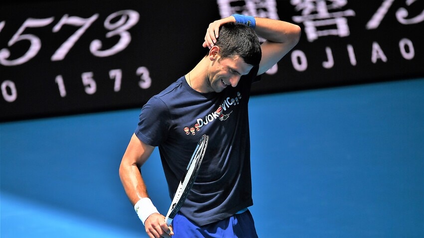 Novak Djokovic during a training session at Melbourne Park in Melbourne, Wednesday, January 12, 2022.