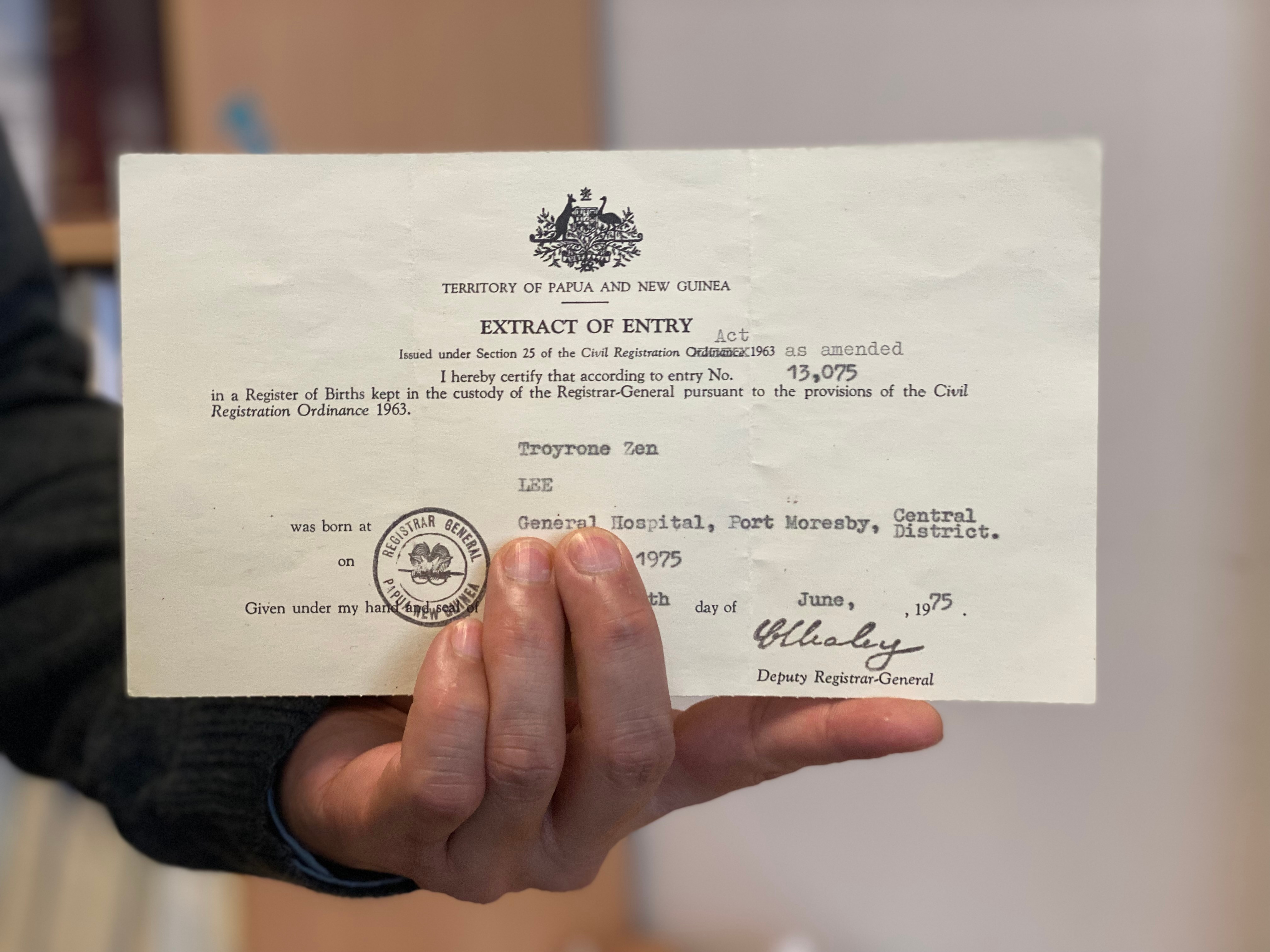 The certificate registering Troy's birth with the Australian government.