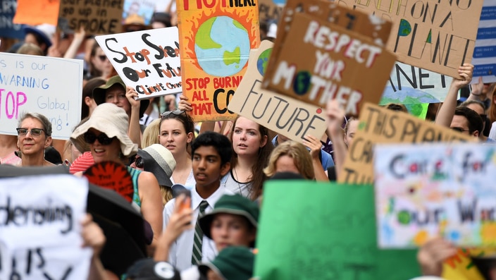 School students take part in a climate change strike in Brisbane.