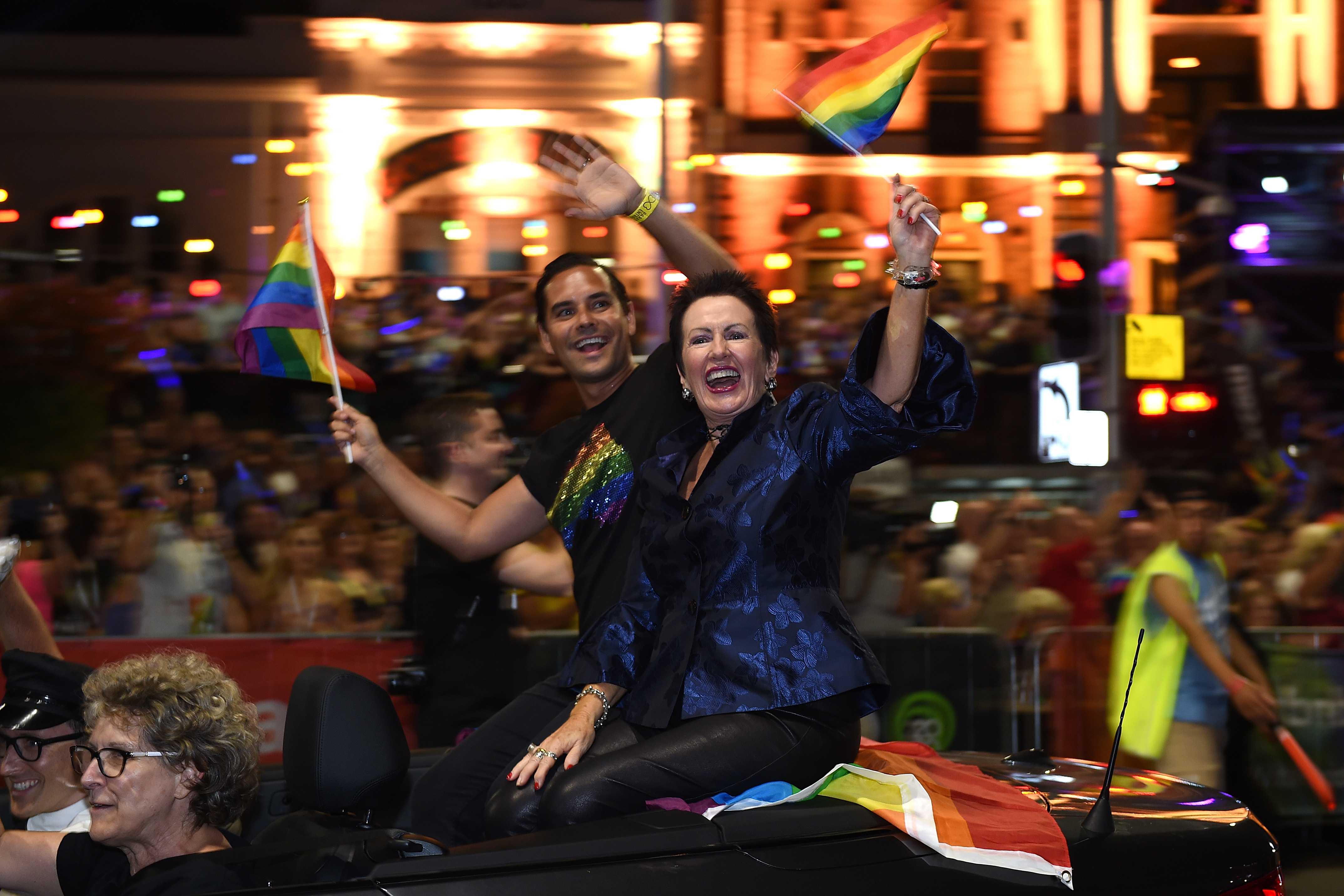 Sydney MP Alex Greenwich and Sydney Lord Mayor Clover Moore take part in the 38th annual Gay and Lesbian Mardi Gras parade.