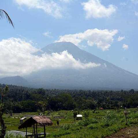 The Mount Agung is seen from the Purahayu village in Karangasem, Bali, Indonesia on 27 September 2017. 