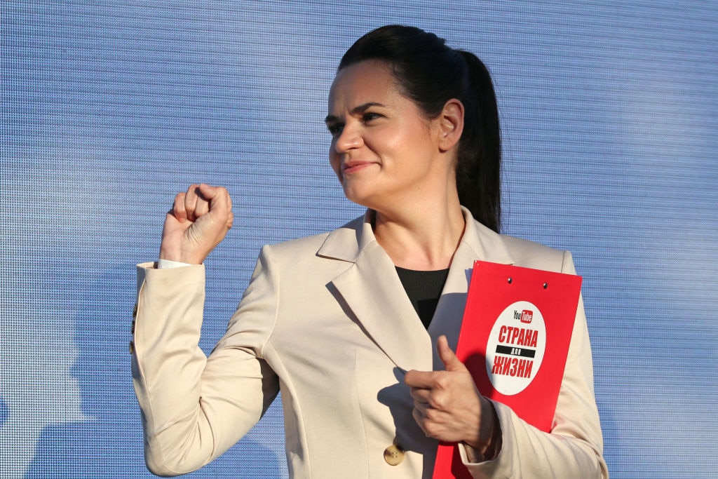 Belarusian presidential candidate Sviatlana Tsikhanouskaya gestures during a rally. Belarusian presidential candidate Tsikhanouskaya on election campaign tour