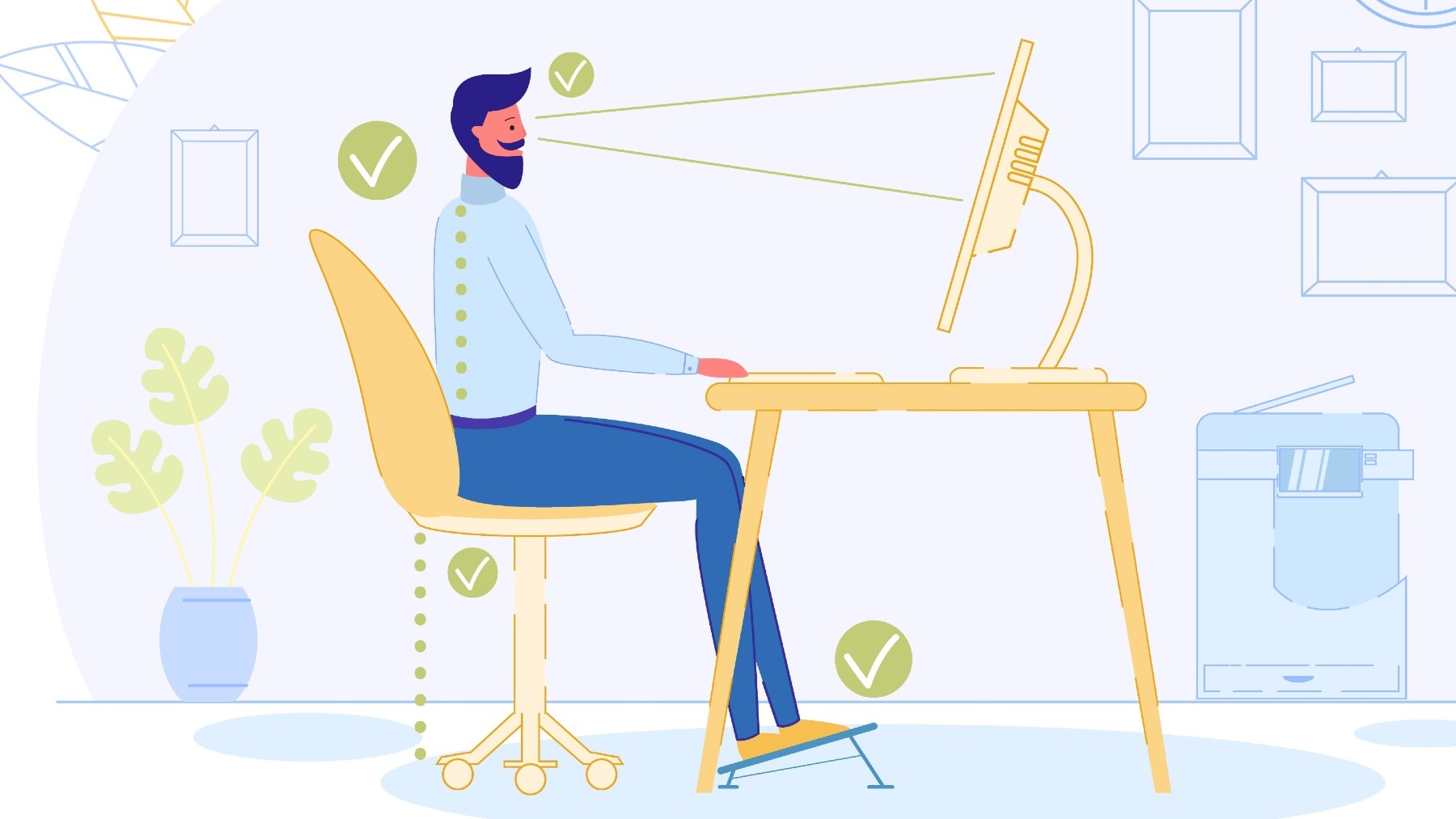 Drawing of man with ergonomic desk set up
