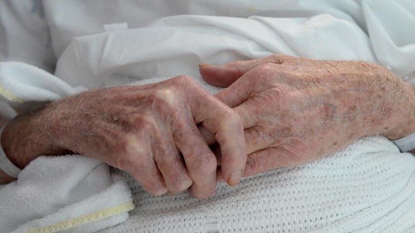 An elderly patient's hands with a hospital identification band.