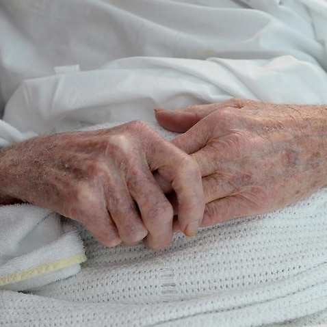 An elderly patient's hands with a hospital identification band.