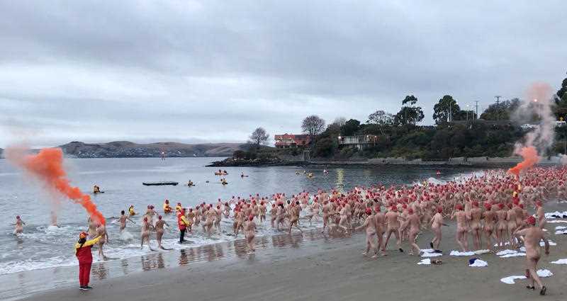 Swimmers at Sandy Bay beach, in the annual event that marks teh end of the Dark Mofo festival. 