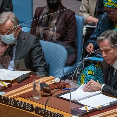 UN Secretary-General Antonio Guterres (left) and US Secretary of State Antony Blinken at a Security Council meeting on Thursday in New York City