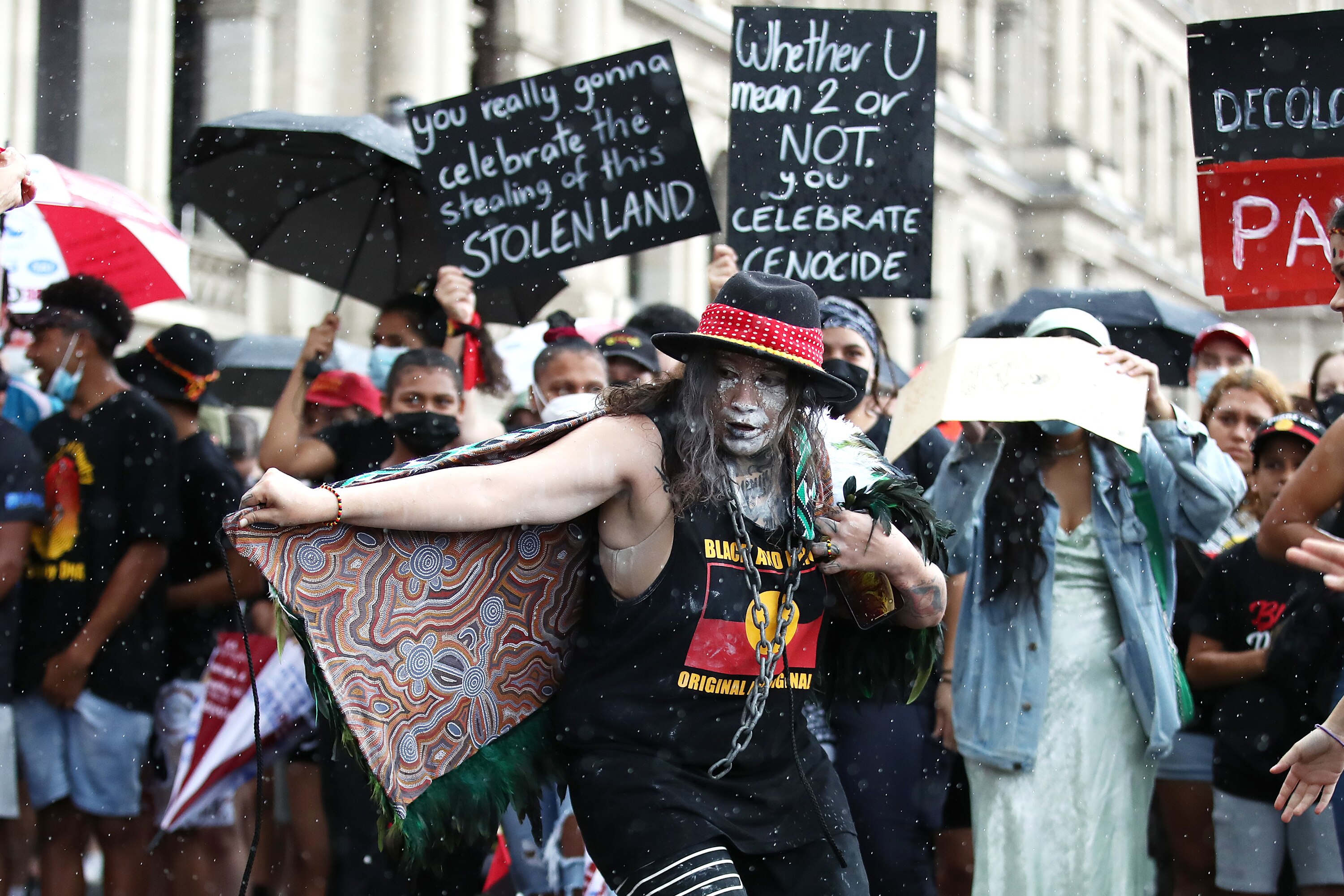 Activists dance during an Invasion Day rally in Meanjin (Brisbane) on January 26 2022. 